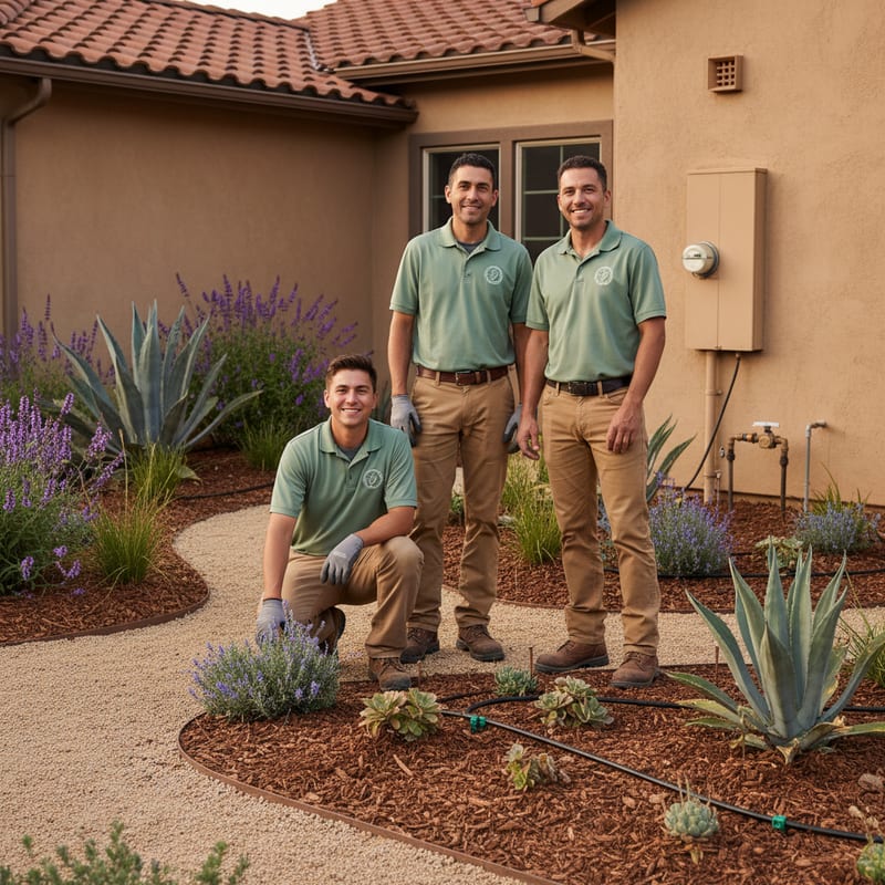 Bloom Pro SD crew in sage-green polos at a completed drought-tolerant front yard in San Diego