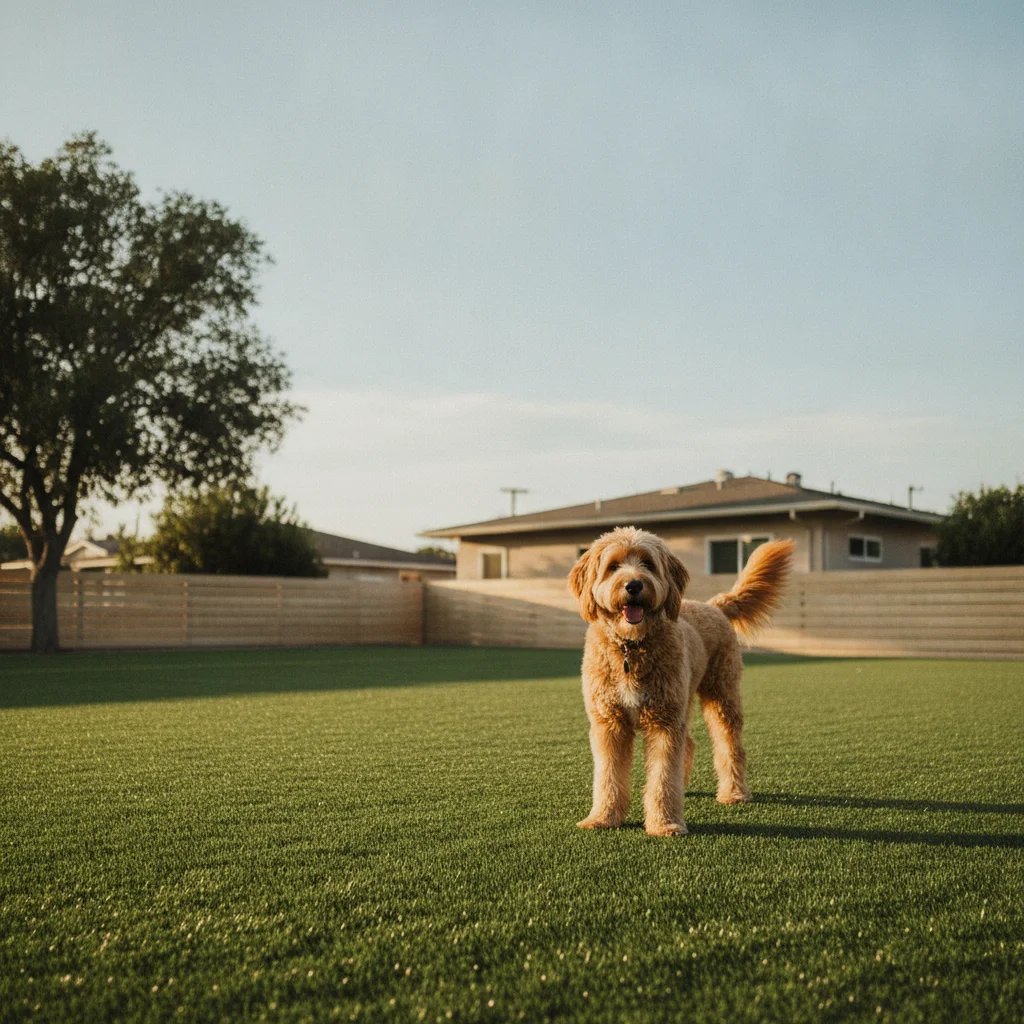 A happy dog standing on clean green artificial turf in a sunny San Diego backyard with a low fence and stucco home behind it.