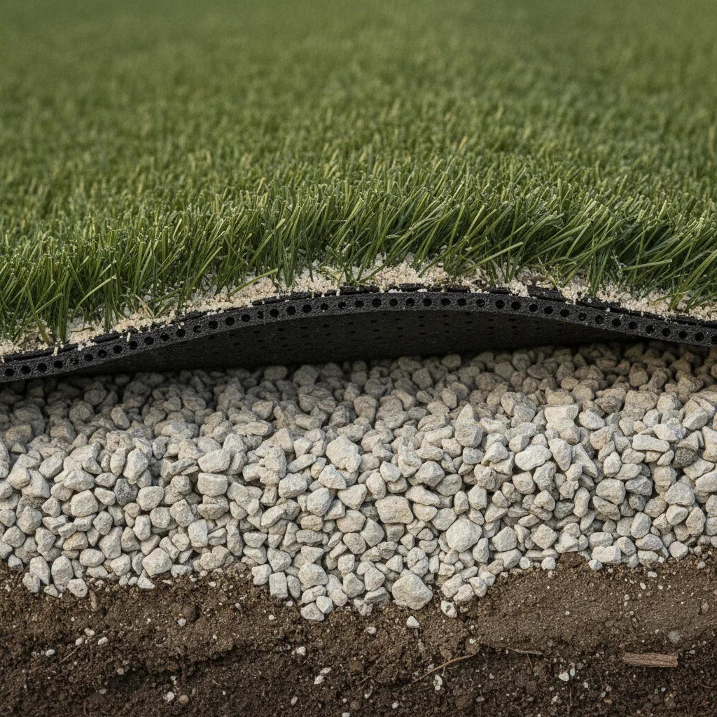 Cutaway view of a pet turf system showing the turf blades, antimicrobial infill, and the open gravel drainage base beneath.
