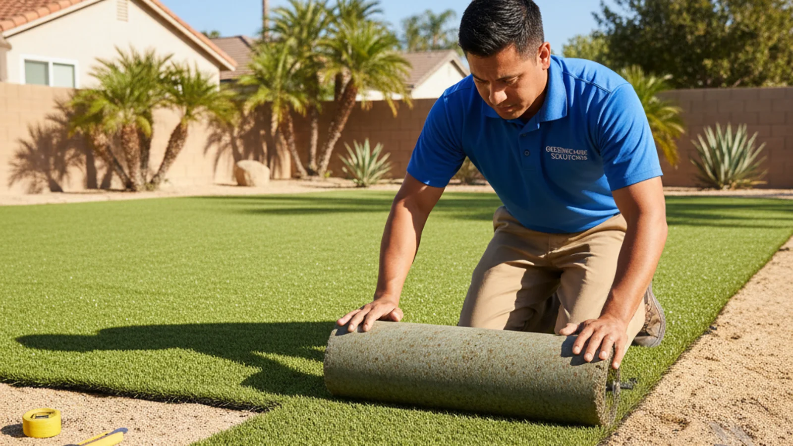 An installer rolling out artificial turf over a compacted base on a sunny San Diego backyard, partway through the install with seams visible.