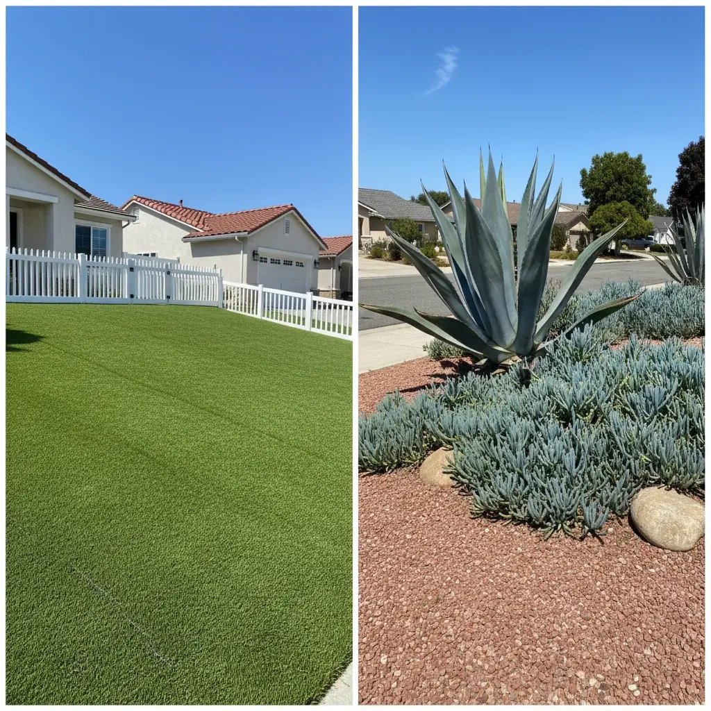 Split-frame side-by-side comparison: left half a vibrant green artificial turf lawn in a sunny San Diego front yard, right half a beautiful drought-tolerant landscape featuring agave, blue chalk fingers, and decomposed granite.