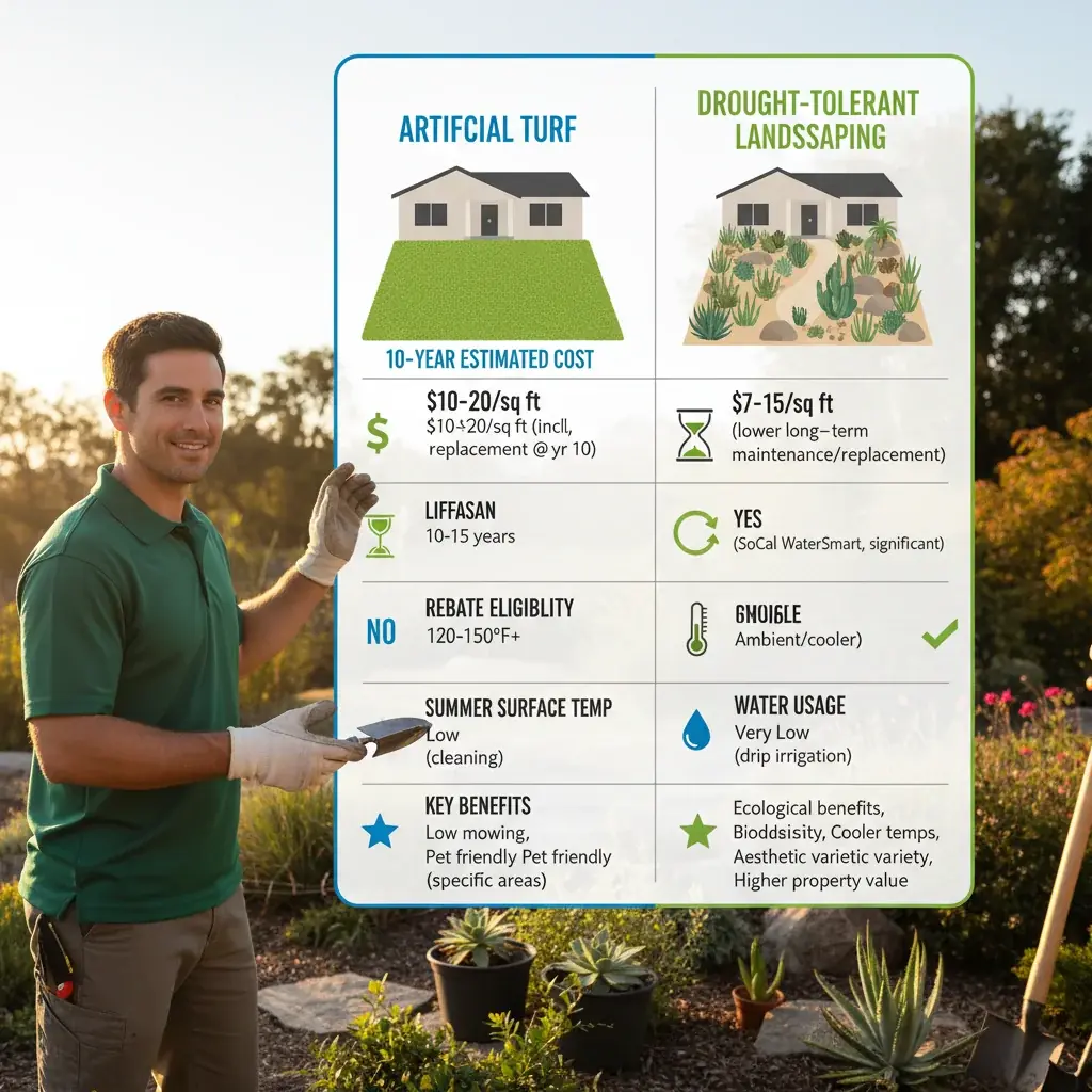 A clear infographic comparing artificial turf and drought-tolerant landscaping in San Diego across key metrics: 10-year cost, lifespan, rebate eligibility, heat impact, and typical maintenance.