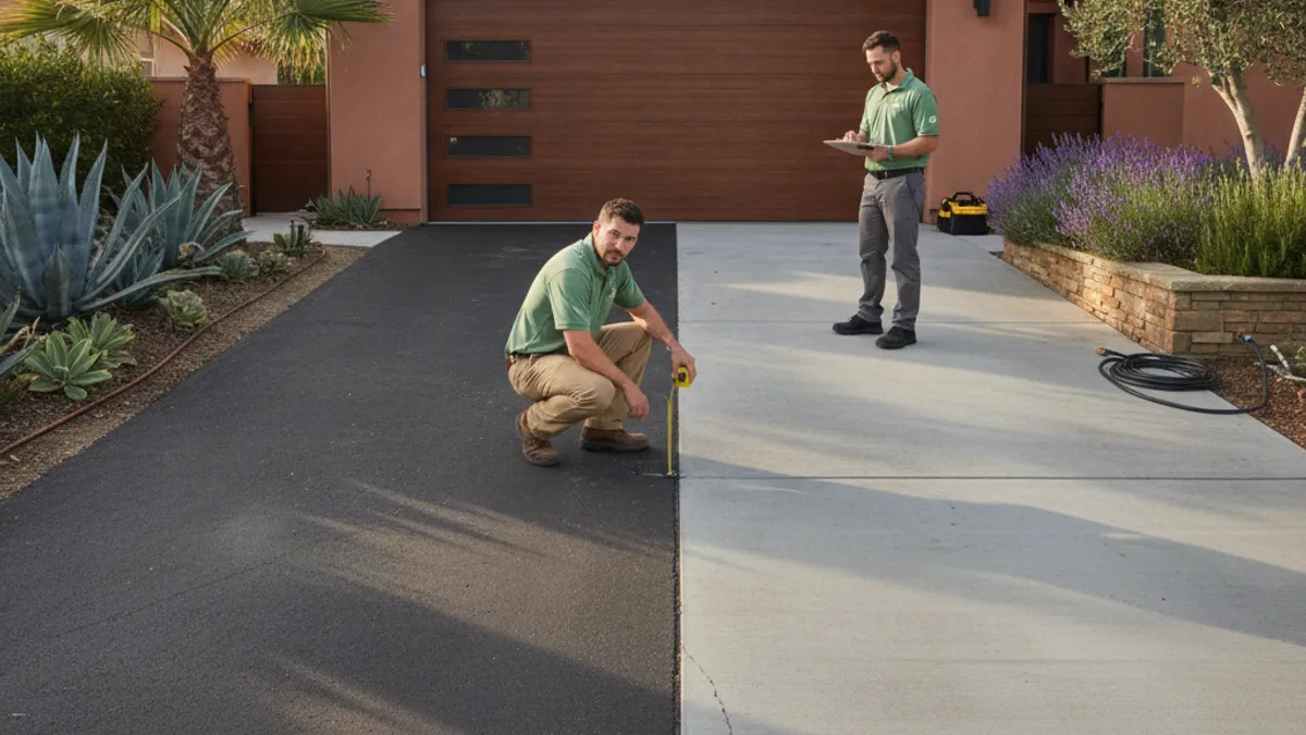 A split-view residential driveway with smooth asphalt on one side and broom-finished concrete on the other, meeting at a visible seam.
