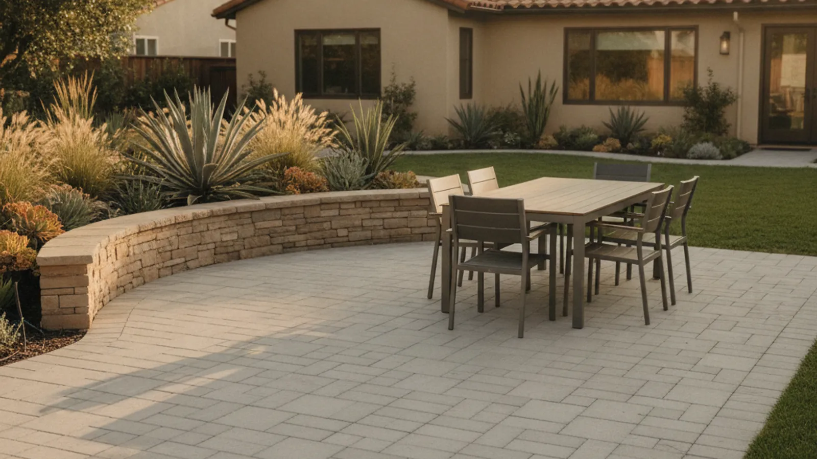 A remodeled San Diego backyard with a paver patio, a low seat wall, drought-tolerant planting, and a small lawn in front of a stucco home under warm afternoon light.