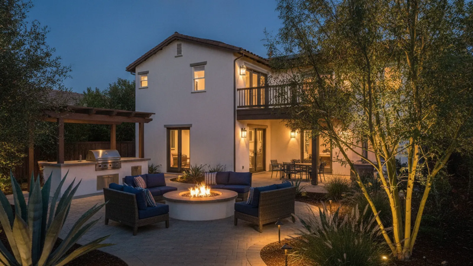 A remodeled San Diego backyard at dusk with a lit gas fire pit and lounge seating, an outdoor kitchen under a pergola, and low-voltage path lighting glowing across a paver patio beside a two-story stucco home.