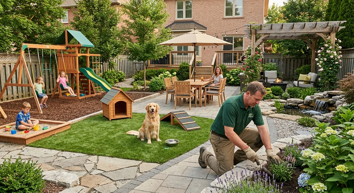 A San Diego backyard with connected spaces for play, pets, dining, and quiet seating