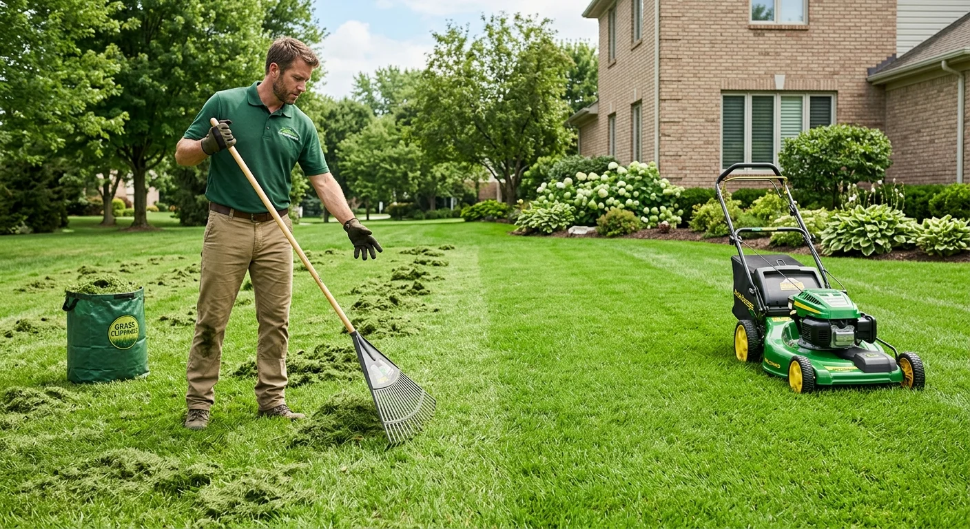 A split lawn showing bagged clippings beside evenly scattered fine clippings