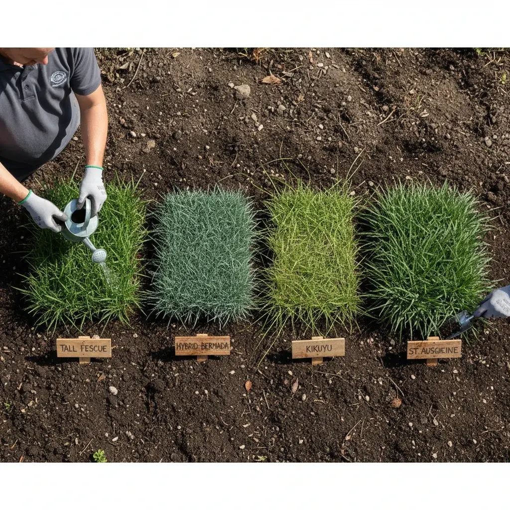 A close-up of a healthy San Diego lawn showing fine-bladed grass in full sun, the kind of turf you get with either tall fescue or bermuda grass when properly established.