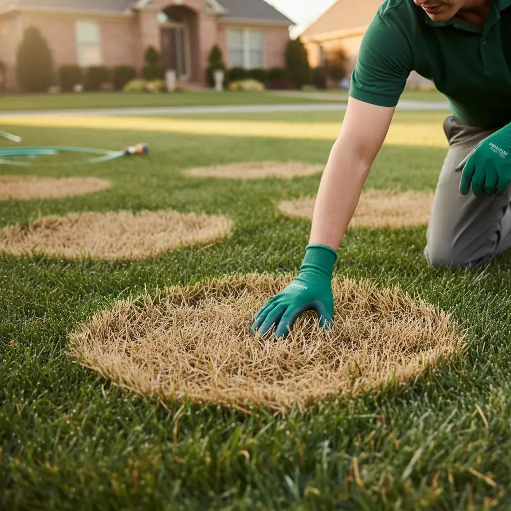 Close-up of a homeowner's hand inspecting a brown patch on a lush San Diego lawn.