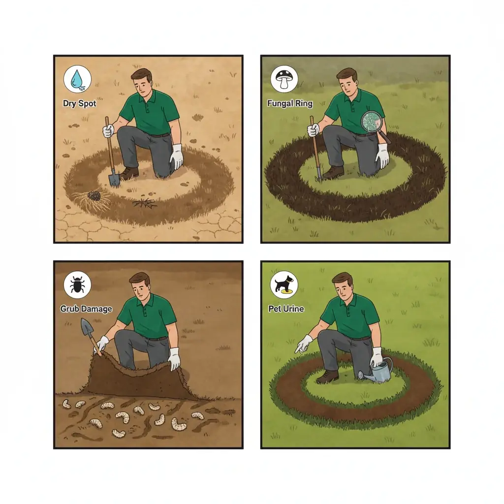 Diagnostic illustration showing four causes of lawn brown spots: dry spots, fungus, grubs, and pet damage.