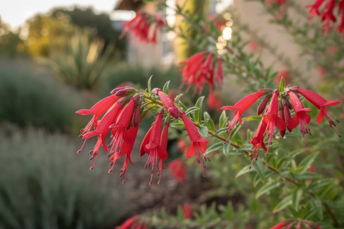 Bright red, trumpet-shaped California Fuchsia flowers in late summer.