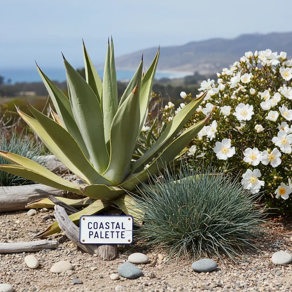 Close-up of agave attenuata, rockrose blooms, and Carex pansa grouped together as a coastal planting palette