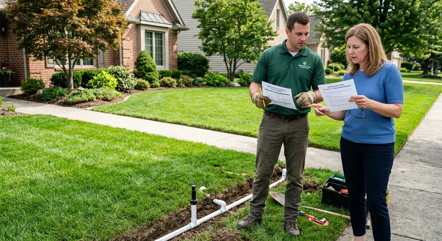 Homeowner comparing two written sprinkler scopes beside a San Diego lawn