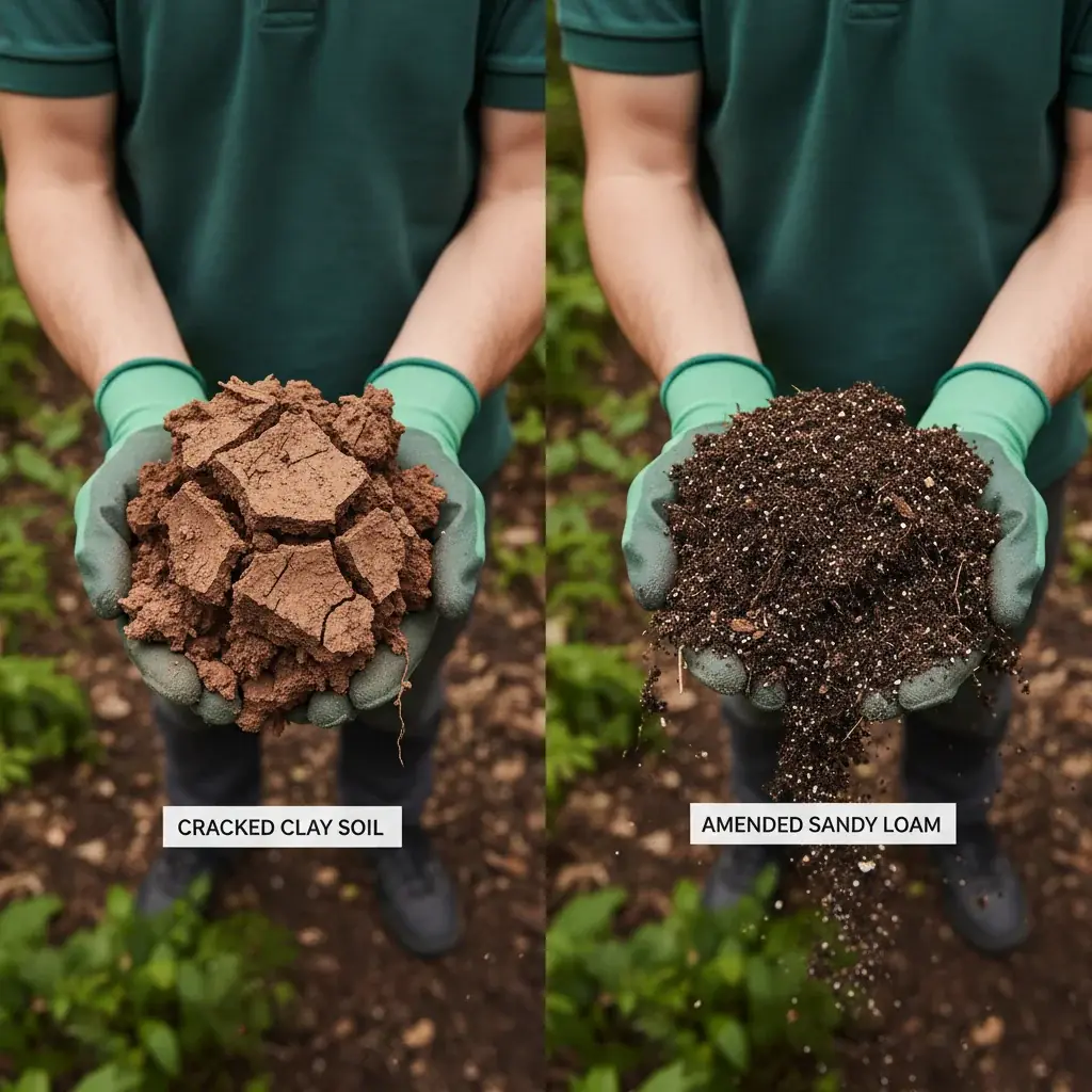 A side-by-side comparison of a hand holding cracked, heavy clay soil and another holding rich, amended sandy loam.