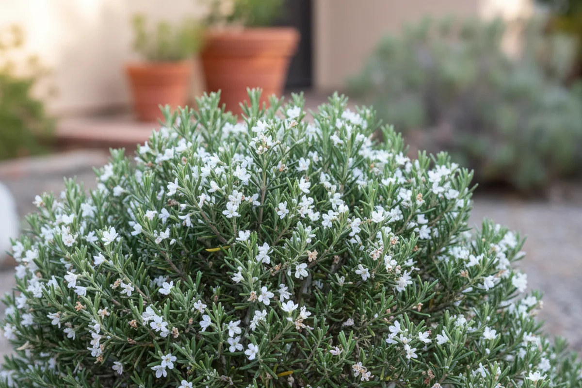 A compact Westringia fruticosa shrub with silvery-green leaves and small white flowers.