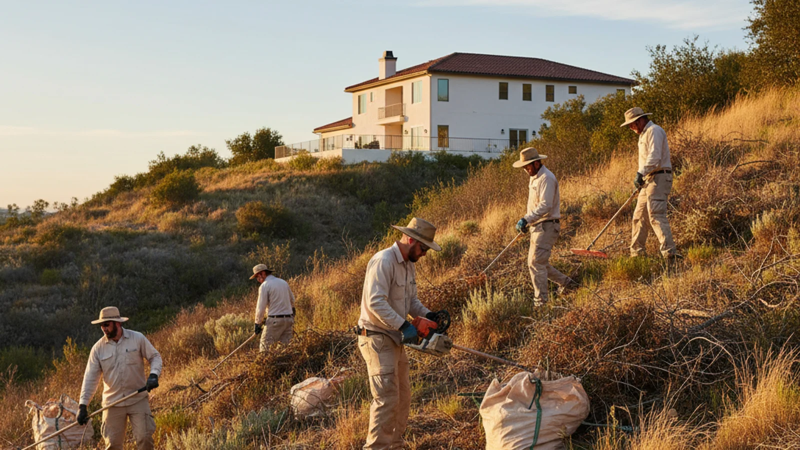 A landscape crew clearing dry brush for defensible space on a San Diego hillside property