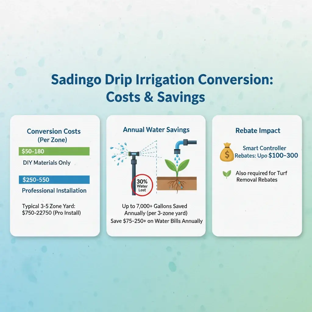 Infographic showing the costs of converting to drip irrigation in San Diego, comparing DIY vs professional install, potential water savings in gallons and dollars, and available rebate offsets.