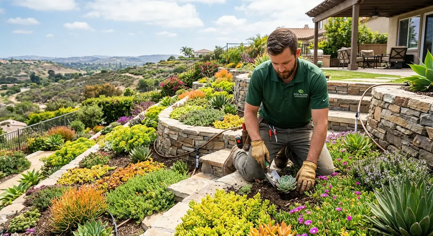 Low-growing ground cover plants filling a flat San Diego yard as a walkable alternative to lawn.