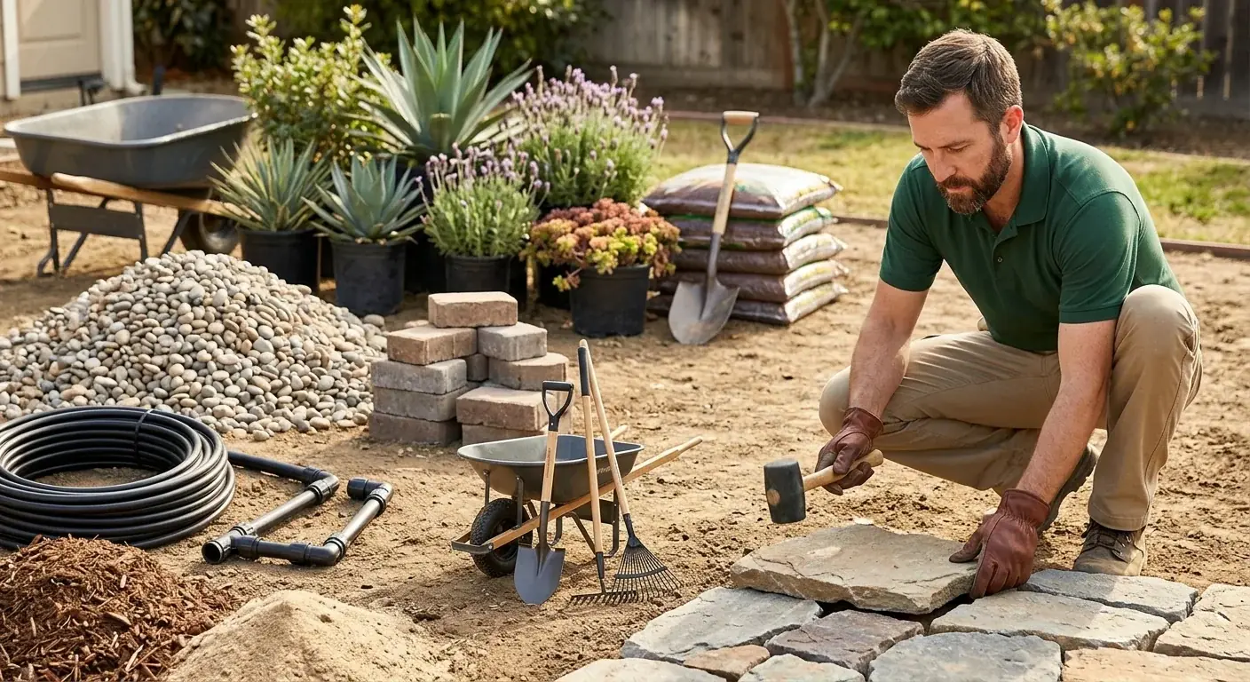 Infographic breaking down drought-tolerant landscaping costs: 40% plants, 30% hardscape, 20% labor, 10% irrigation.