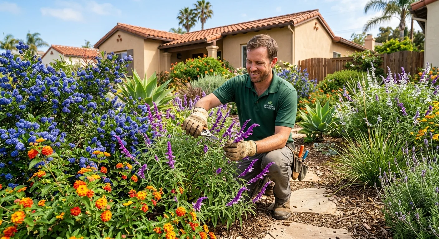 A dense row of evergreen privacy shrubs lining a sunny San Diego yard, creating a solid green screen against a stucco fence
