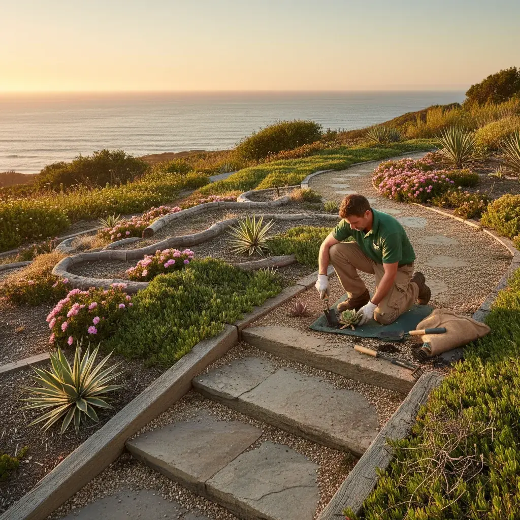 A beautiful Encinitas bluff-top yard with coastal-tolerant plants like agave and rockrose, with the ocean in the background at sunset.