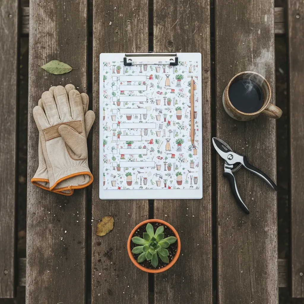 Top-down flat-lay of a garden checklist on a wooden table with gloves, hand pruners, and a clipboard
