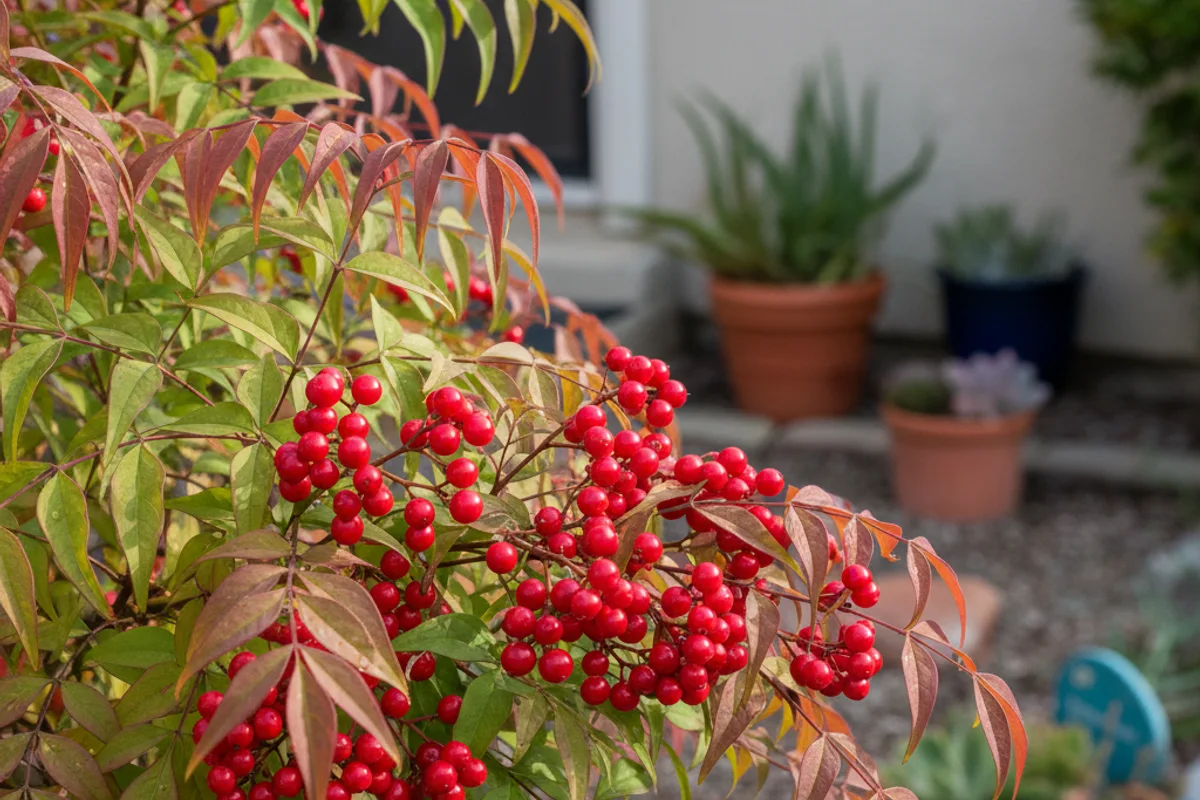 Heavenly Bamboo shrub with green and reddish foliage and red berries.