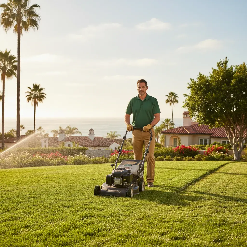 A landscaper with a hedge trimmer and leaf blower standing on a manicured lawn at a Del Mar hillside estate with an ocean view in the background.