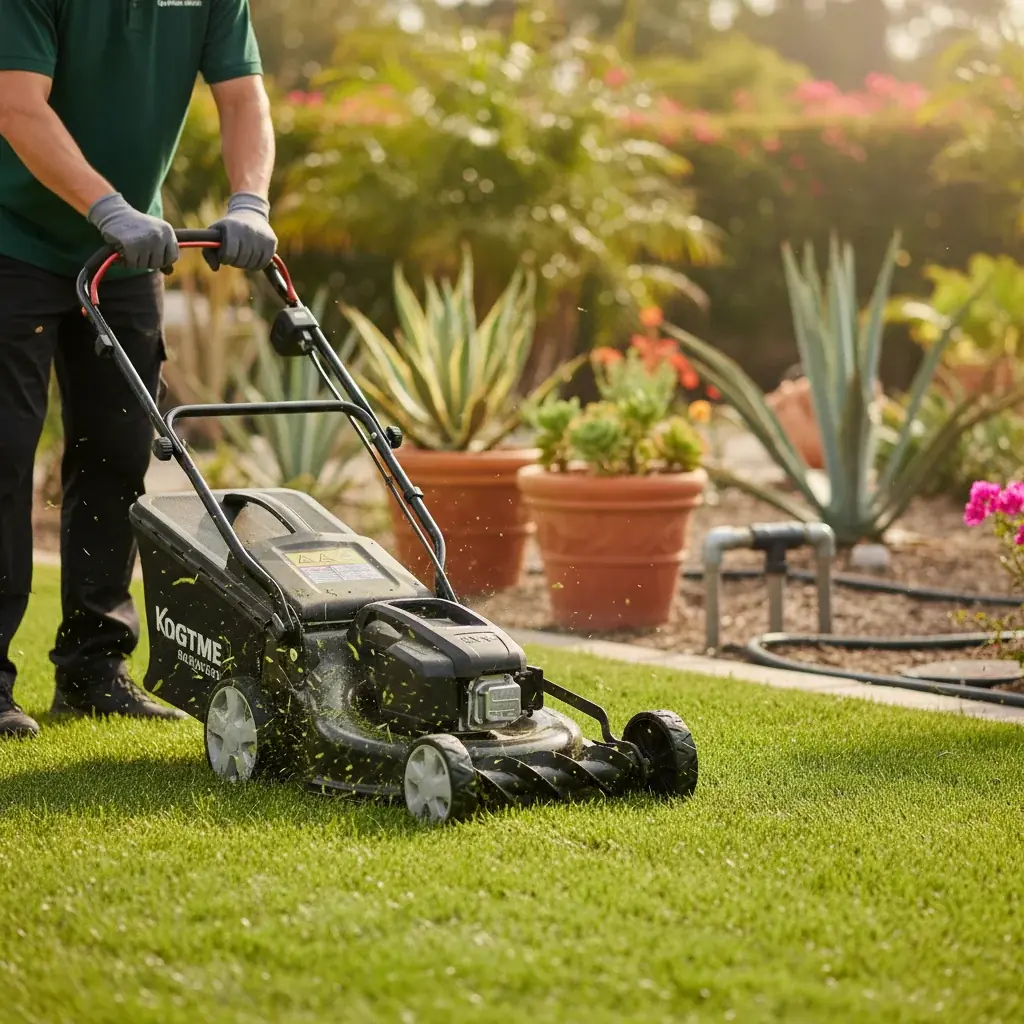 A landscaper in a green work shirt mowing a lawn with a walk-behind mower, potted agave and a garden hose in the background.