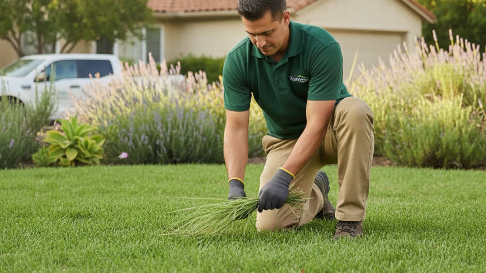A coarse light-green clump of crabgrass spreading low in a crab-like pattern through a thinning fescue lawn along a sunny San Diego driveway edge.