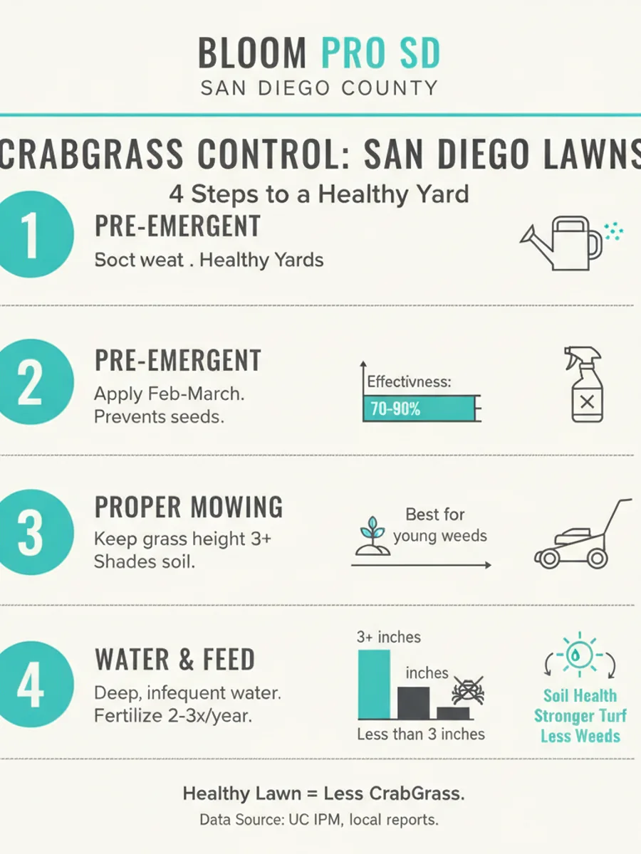 Infographic comparing five crabgrass control methods, hand-pulling, quinclorac post-emergent, spot treatment, lawn renovation, and pre-emergent for next year, with effectiveness ratings and timing windows for each.