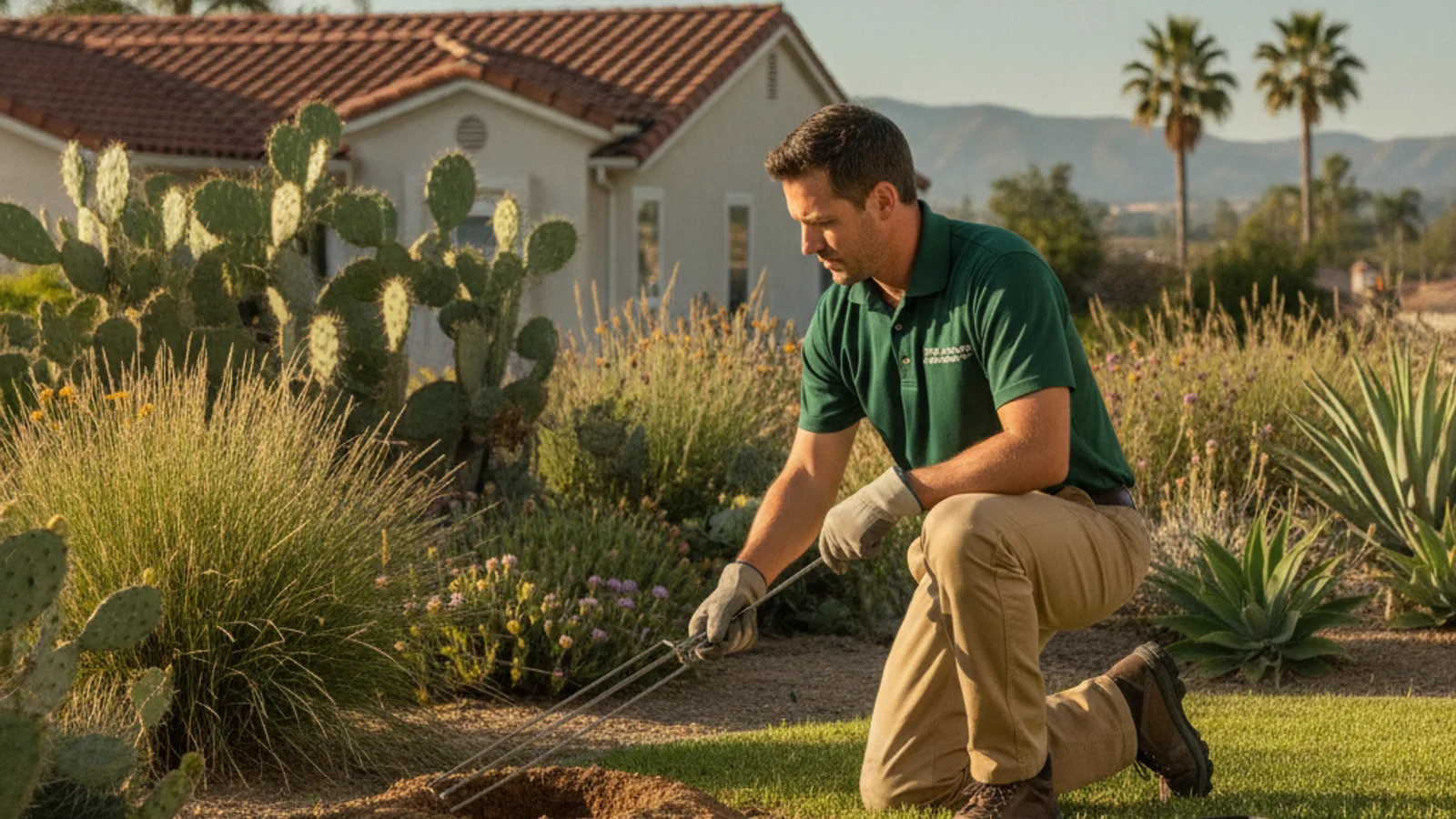 A fresh fan-shaped gopher mound pushed up on a green San Diego lawn, with soil spread in a crescent pattern to one side.