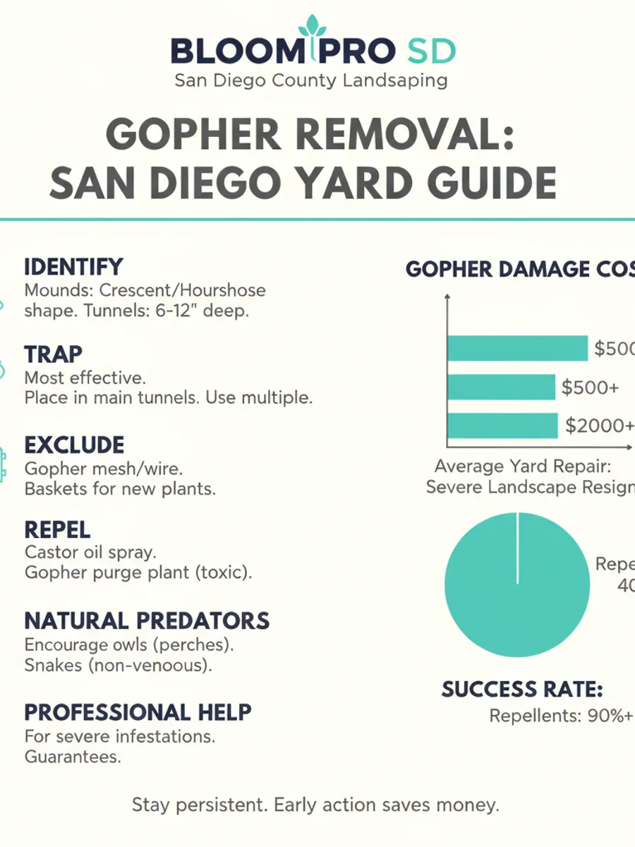 Infographic comparing gopher vs mole vs ground squirrel damage signs and the four main control methods with effectiveness ratings.