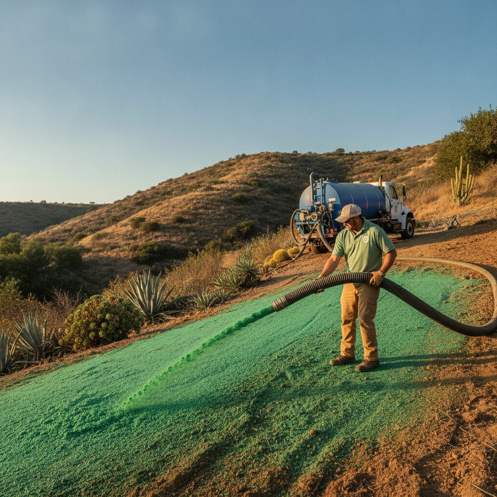A landscaping crew spraying green hydroseed slurry from a tank onto bare graded soil on a San Diego hillside lot.