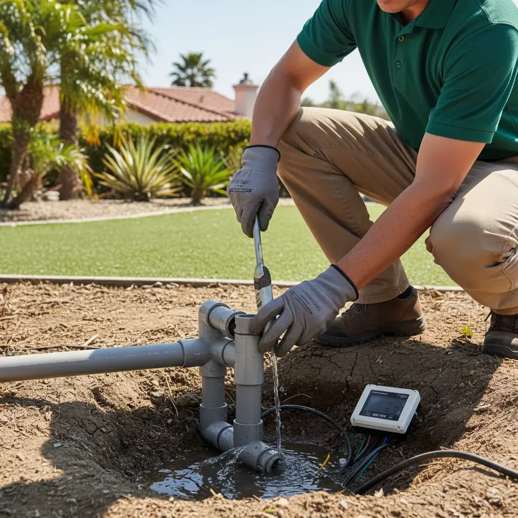A technician with a wrench repairing a sprinkler valve at a broken pipe fitting with water flowing out, tile-roof home in the background.