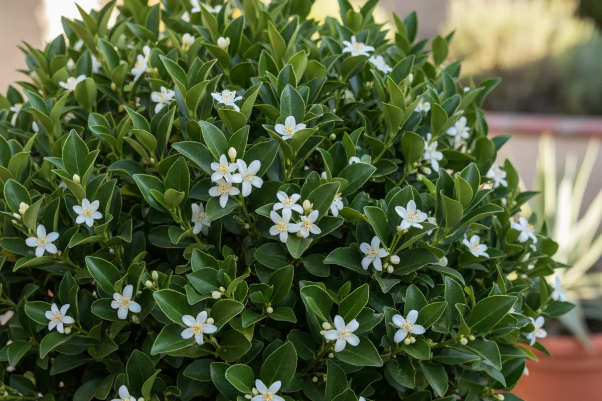A dense Japanese Mock Orange shrub with dark green leaves and small fragrant white flowers.