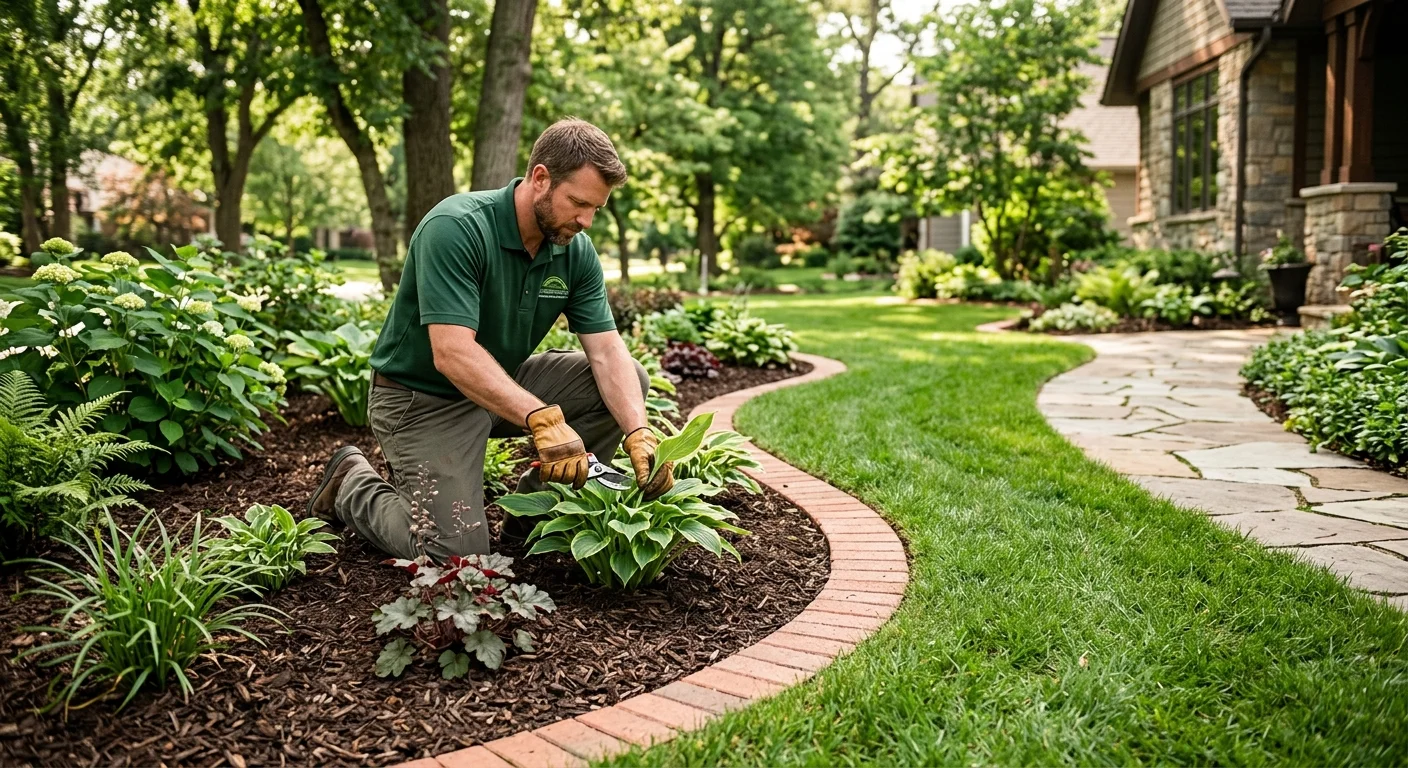 Curved brick border separating a planting bed from a lawn