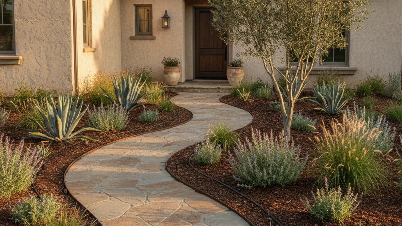 A newly designed San Diego front yard with curved planting beds, drought-tolerant plants, and a flagstone path in warm afternoon light