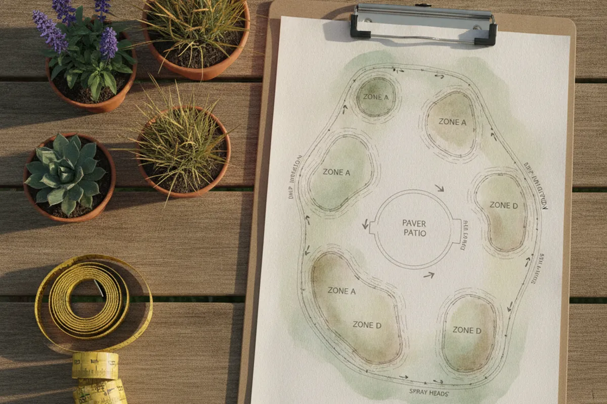 A scaled landscape design plan on a clipboard next to plant samples and a measuring tape on an outdoor table