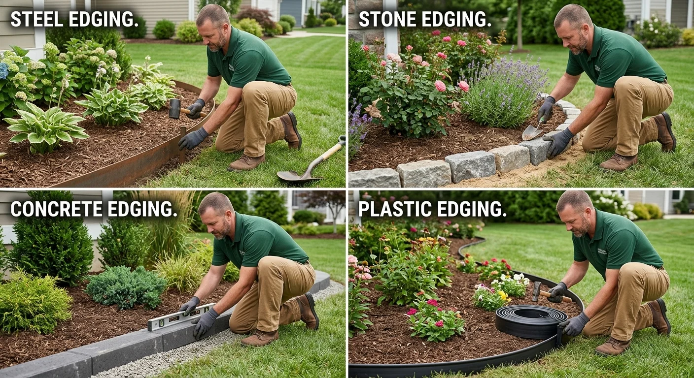 Steel, stone, concrete, and plastic edging around planting beds