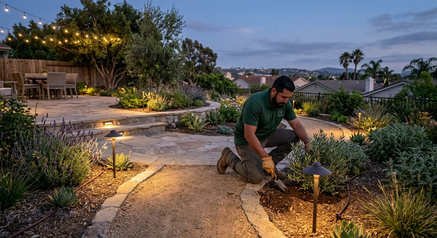 A Chula Vista backyard with lighting around a patio, steps, paths, and planting beds