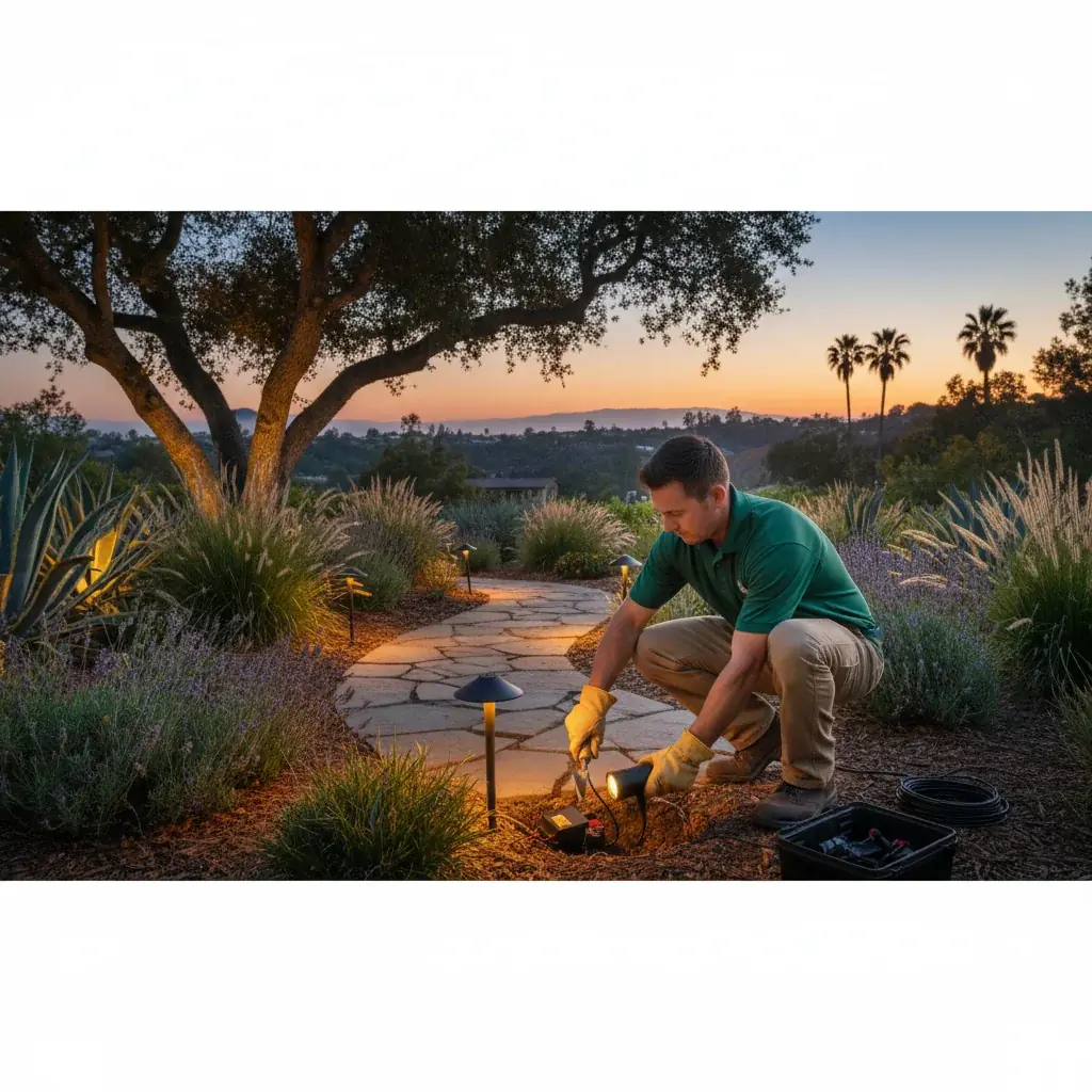 A technician installing a low-voltage landscape light along a stone pathway at dusk with an oak tree and palm-lined hillside in the background.