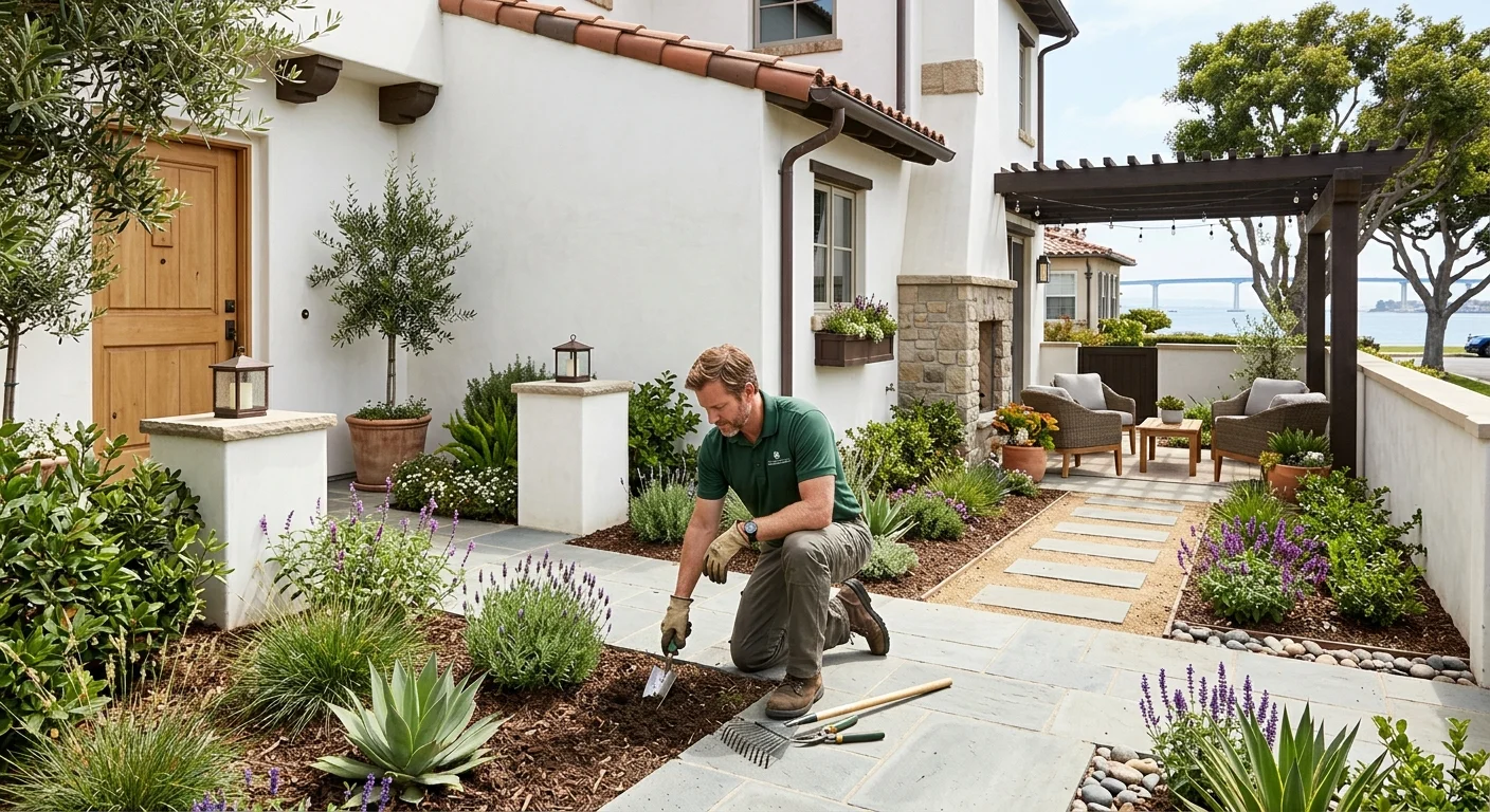 Coronado front entry with planting beds and a compact outdoor room