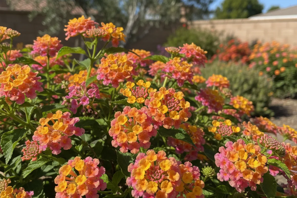 Vibrant multi-colored Lantana flowers in a sunny garden.