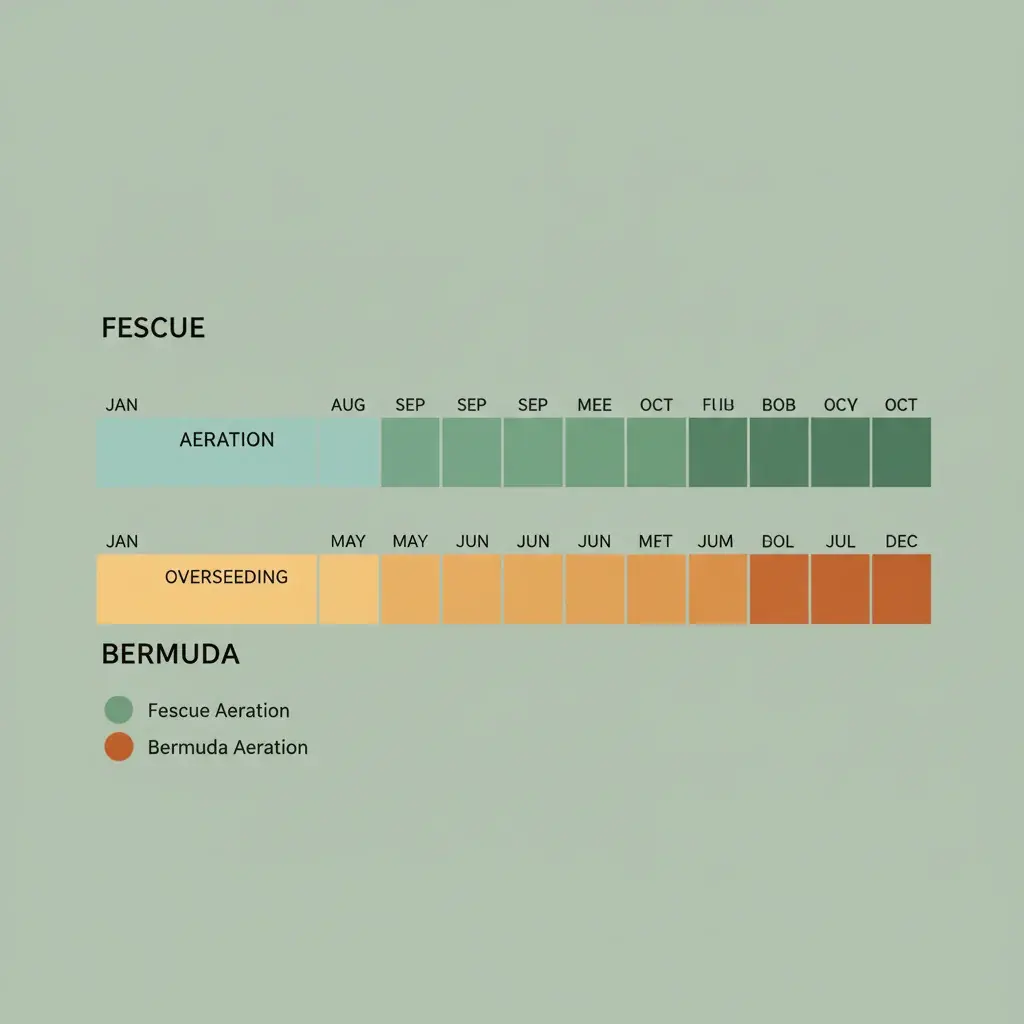 Calendar infographic showing aeration and overseeding windows for fescue and bermuda lawns across 12 months