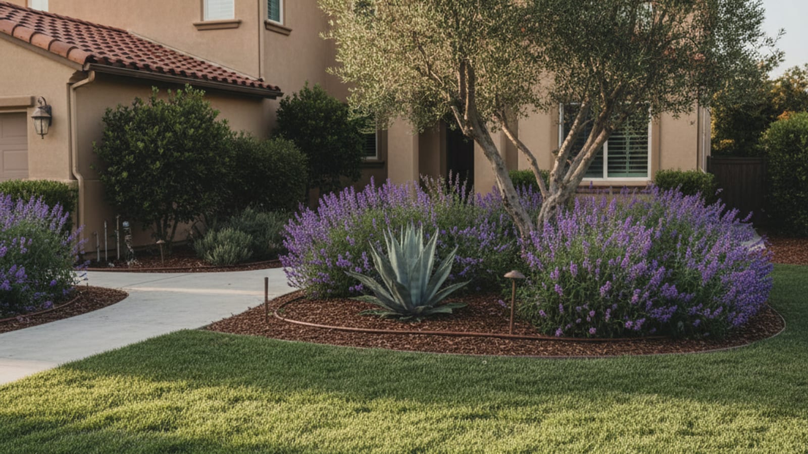 A San Diego front yard with trimmed lawn, edged pathway, and drought-tolerant bed showing well-maintained landscaping