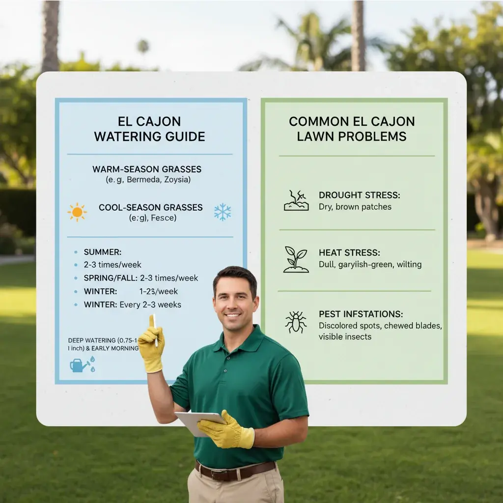 Infographic illustrating El Cajon lawn watering schedules for warm-season and cool-season grasses, and common East County lawn problems.