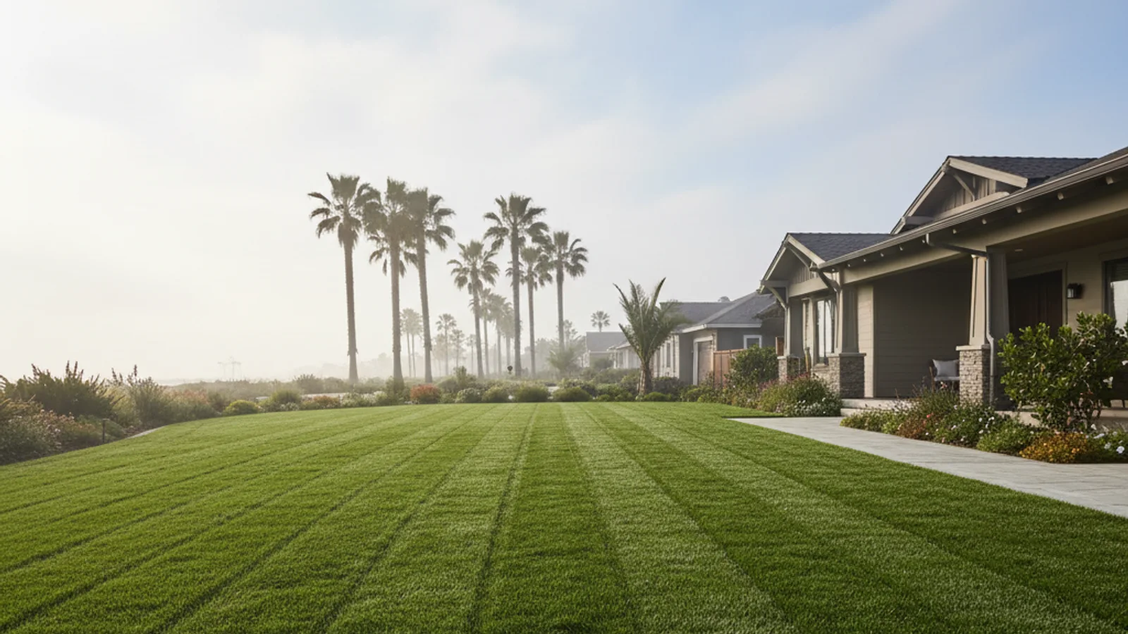 A green, well-edged front lawn at an Oceanside home with coastal haze and palms in the background.