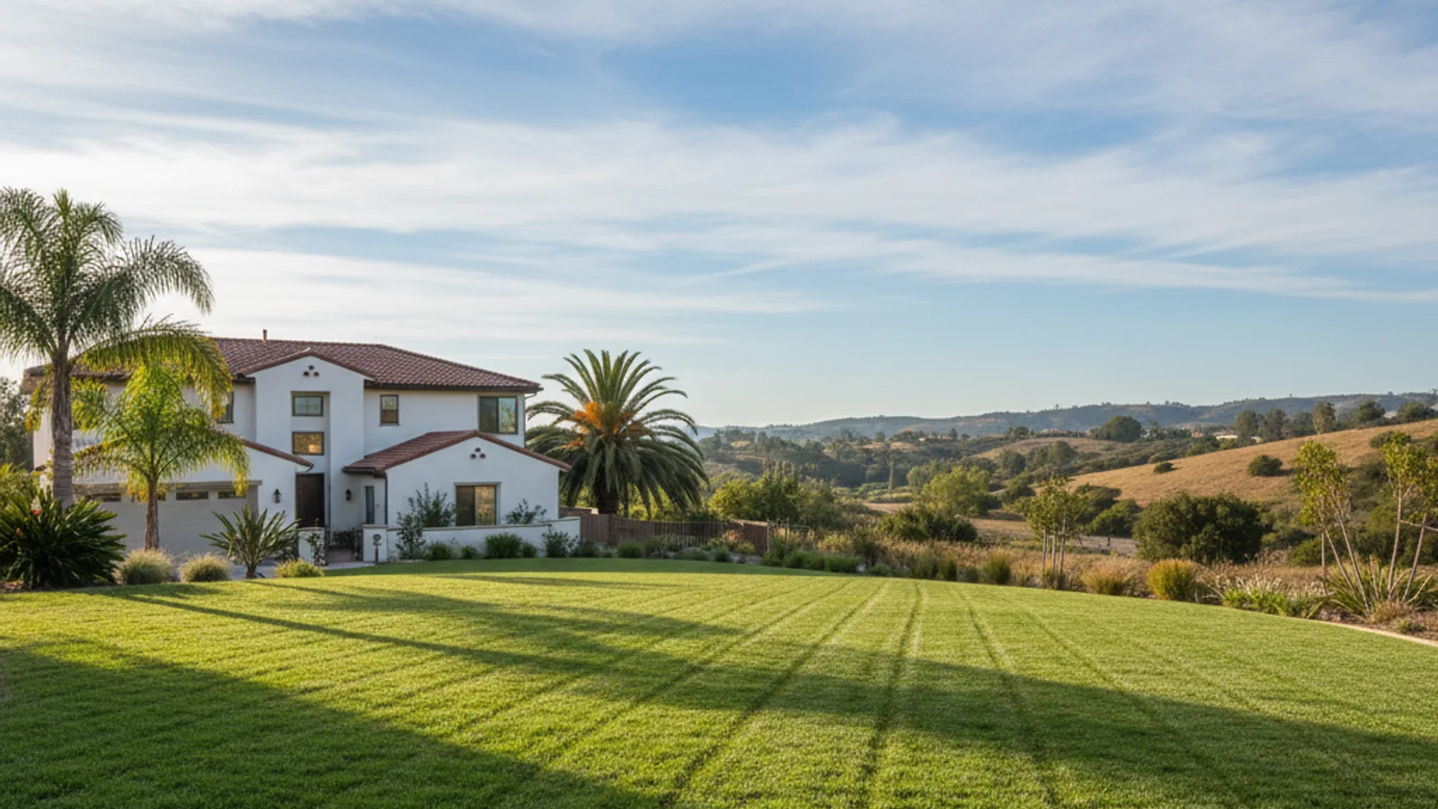 A healthy green lawn in front of a Vista home, with the rolling inland hills of North County San Diego in the background under clear sun.