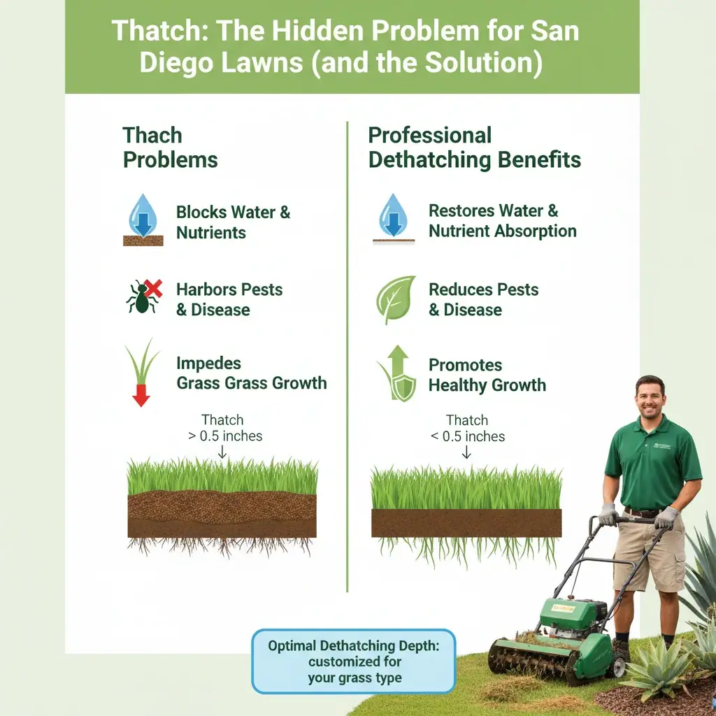 Infographic detailing the impact of thatch on San Diego lawns, optimal dethatching depth, and benefits of professional thatch removal versus DIY risks.